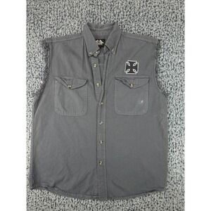 Biker Design Sleeveless Shirt Mens Large Gray Ride Free‎ Graphic Button Down